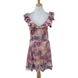 Wildfox Blair Dress Women L Large Soft Abstract Watercolor Ruffled V Neck A Line